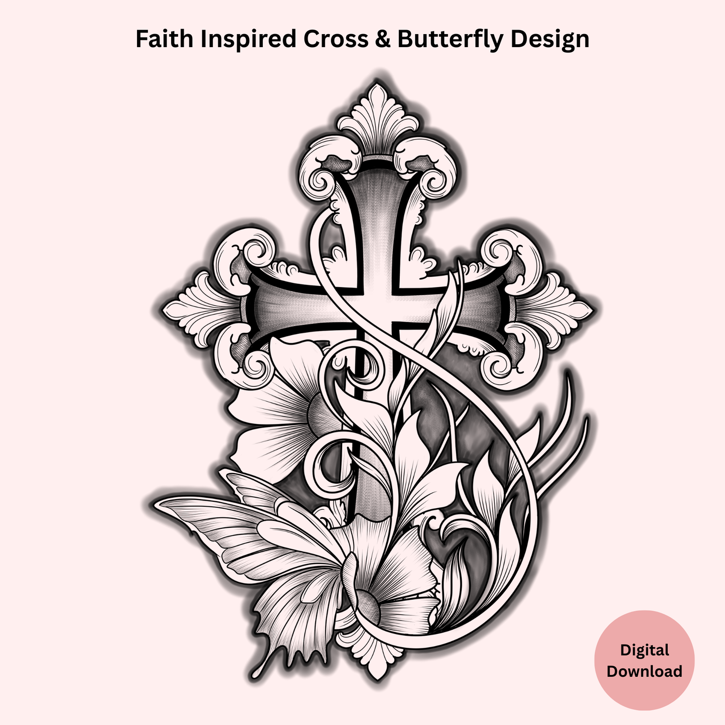 ornamental cross tattoo design with flowers and butterfly line art