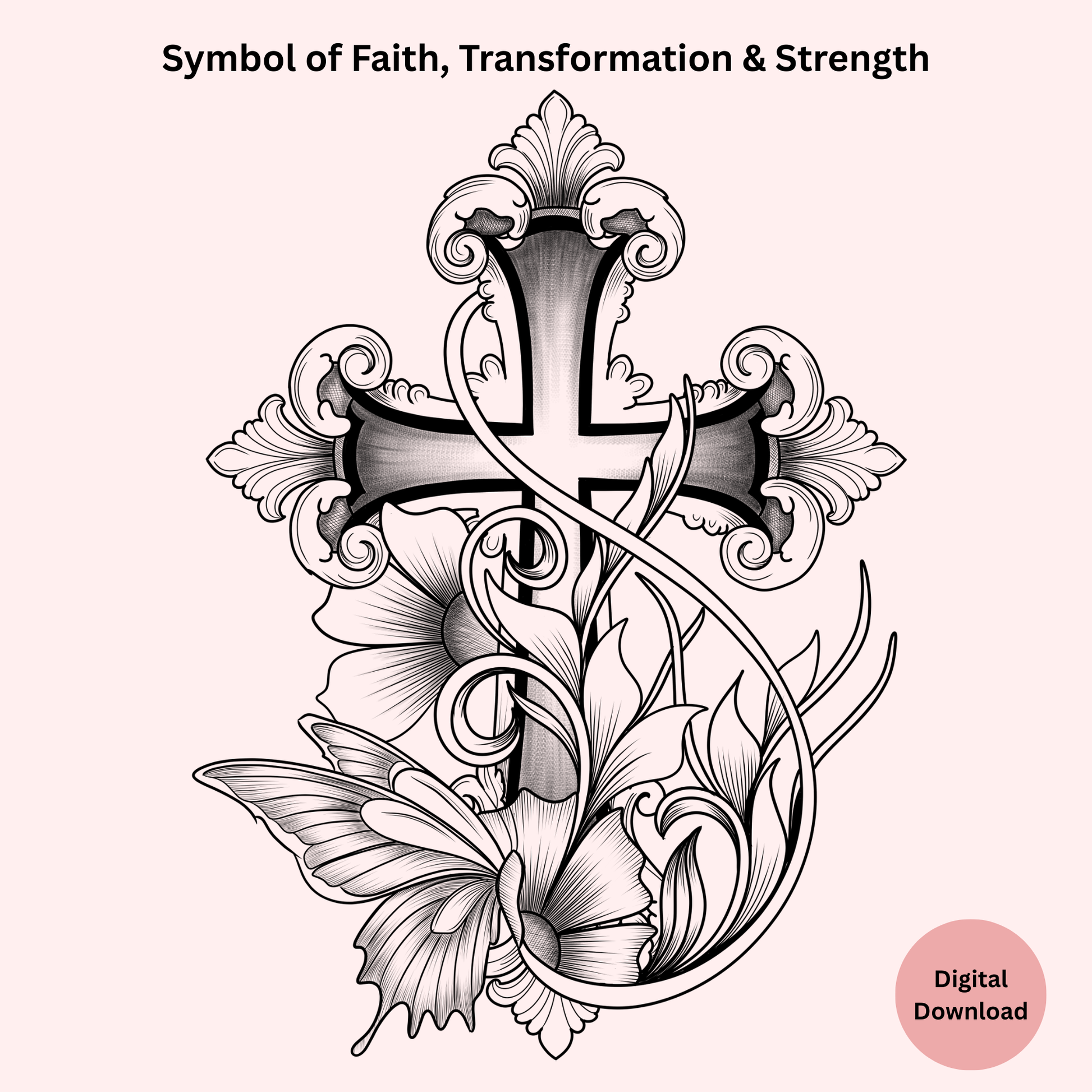Decorative cross with floral elements and butterfly, symbolizing faith, transformation, and strength on a white background.