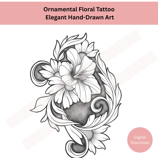 Decorative ornamental floral tattoo with flowing line art details
