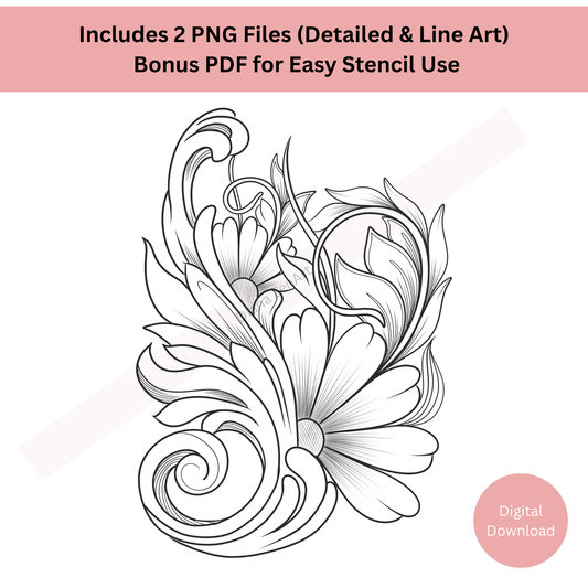 Ornate baroque tattoo line art with intricate decorative details
