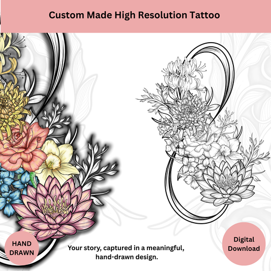 Personalized infinity birth flower tattoo design in color
