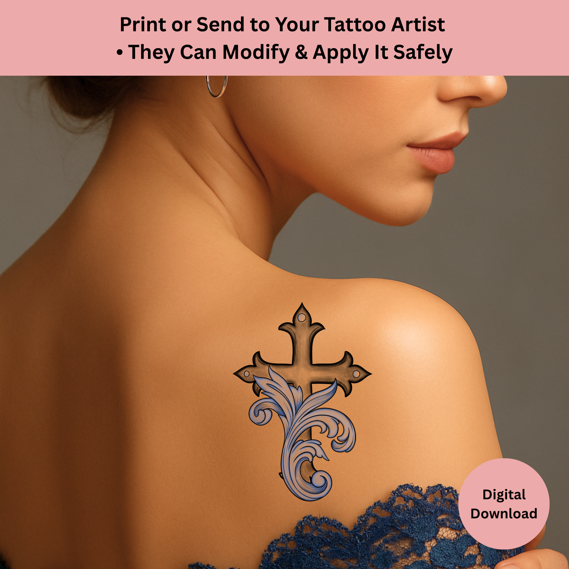 Religious ornamental cross tattoo art in classic tattoo flash style
