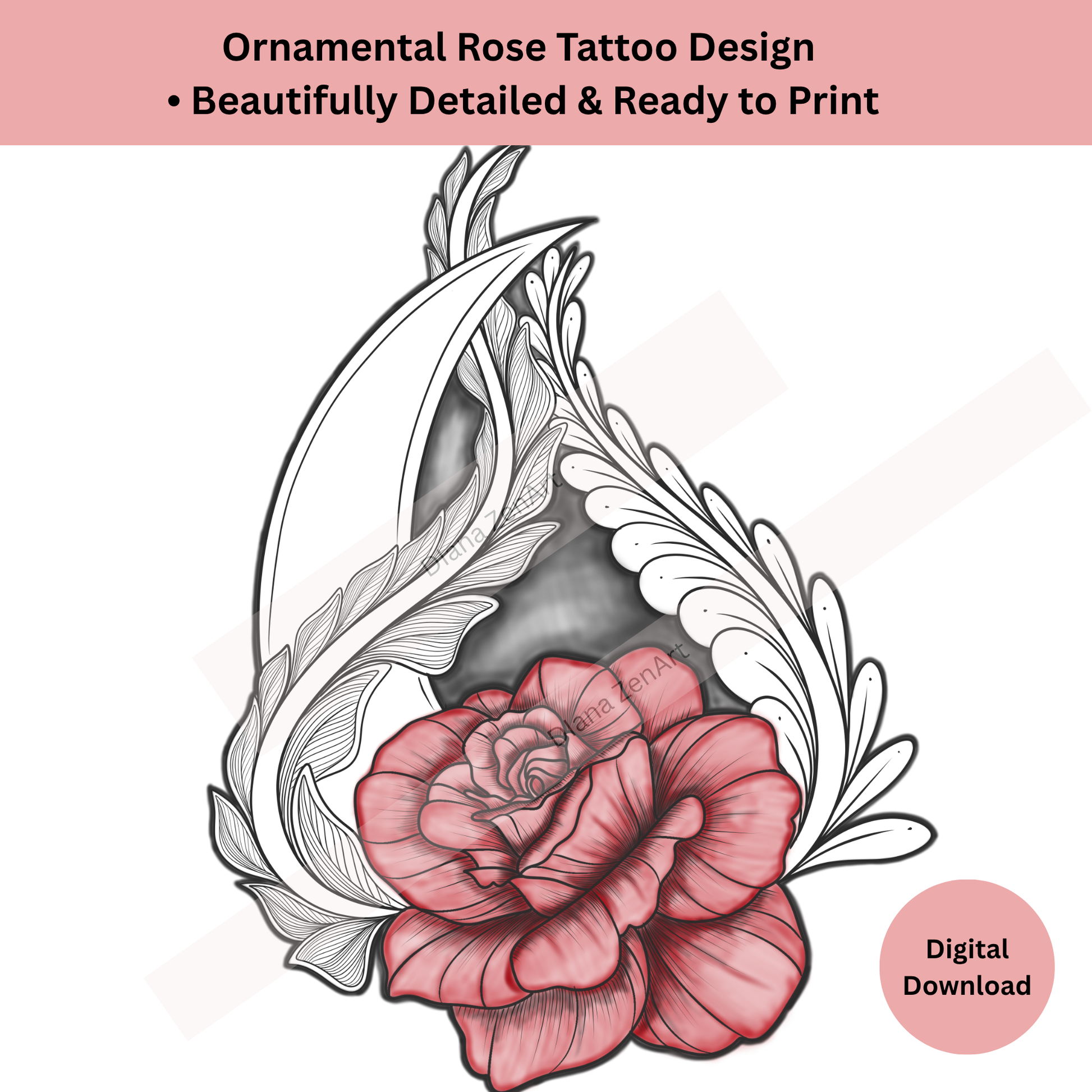 Detailed ornamental rose tattoo with moon element and shaded floral line art
