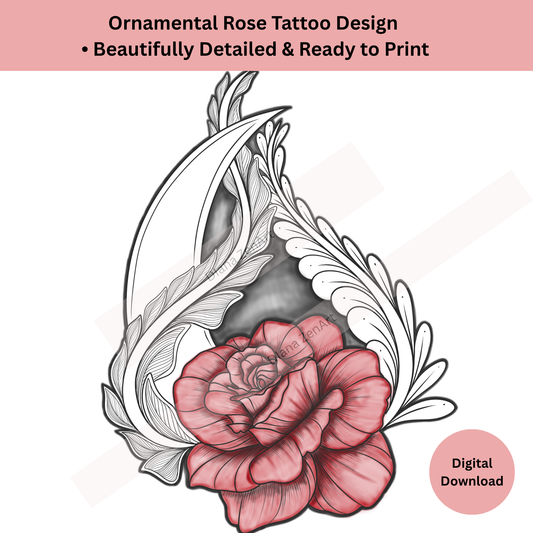 Detailed ornamental rose tattoo with moon element and shaded floral line art
