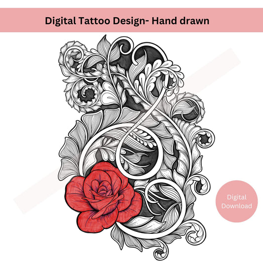 Rose tattoo line art showing classic floral detailing
