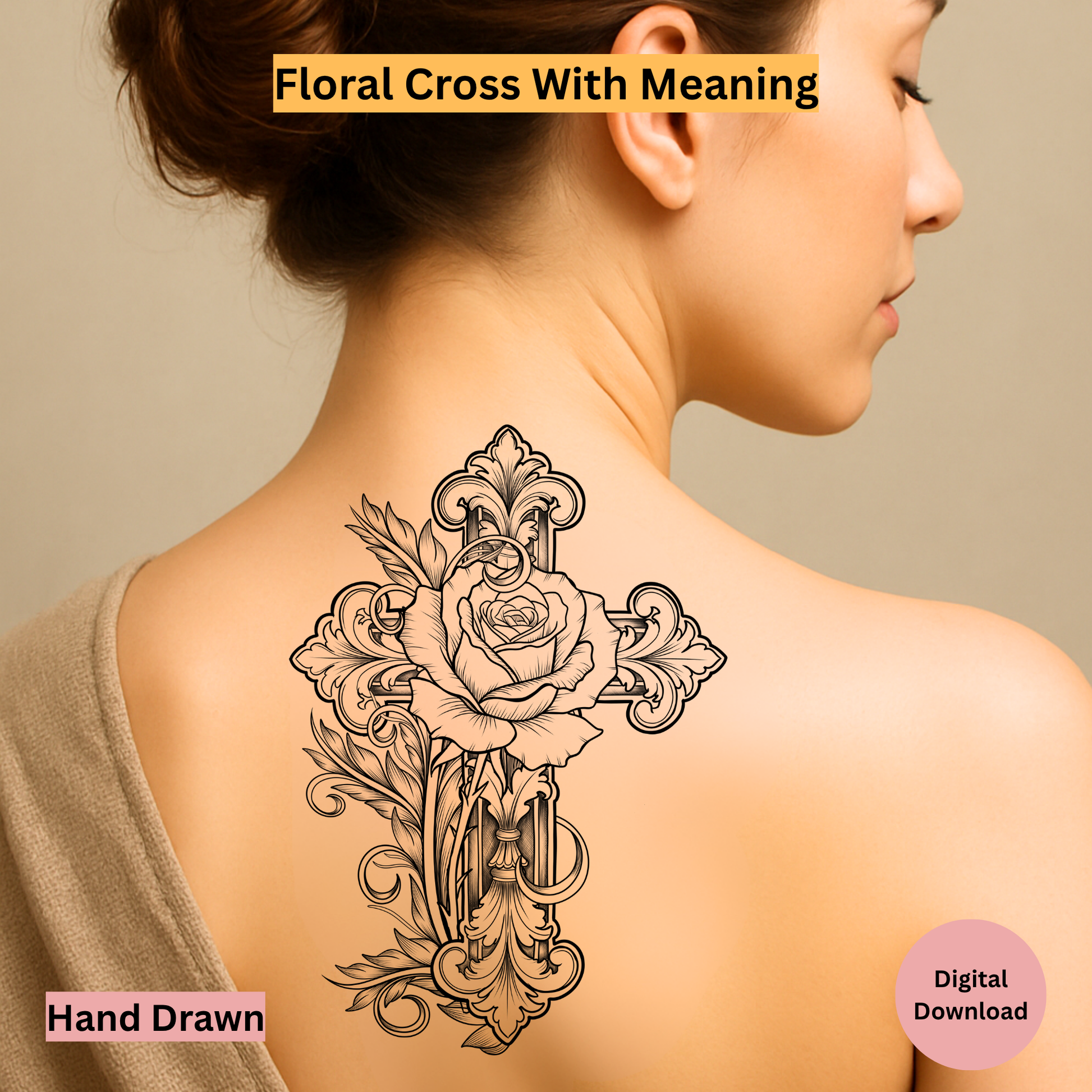 Woman with a floral cross tattoo on her back against a beige background