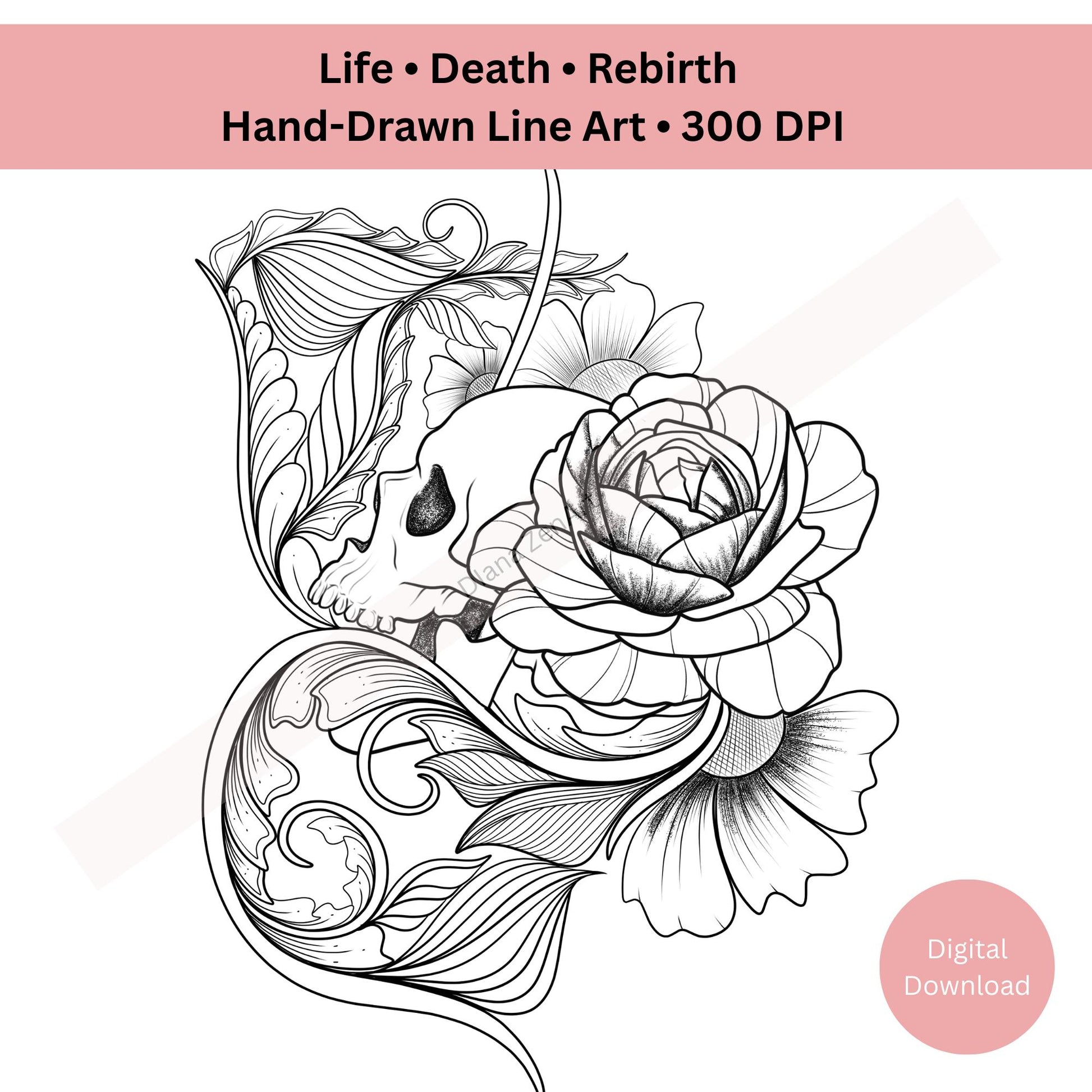 Skull and rose tattoo design in gothic line art style symbolizing life and death