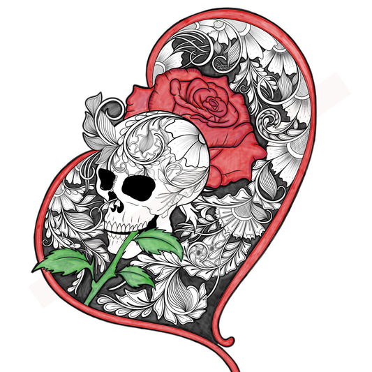 Skull and rose tattoo design symbolizing life and death contrast in line art style
