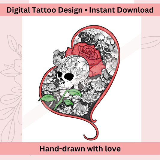 Digital skull and rose tattoo design available as high resolution download
