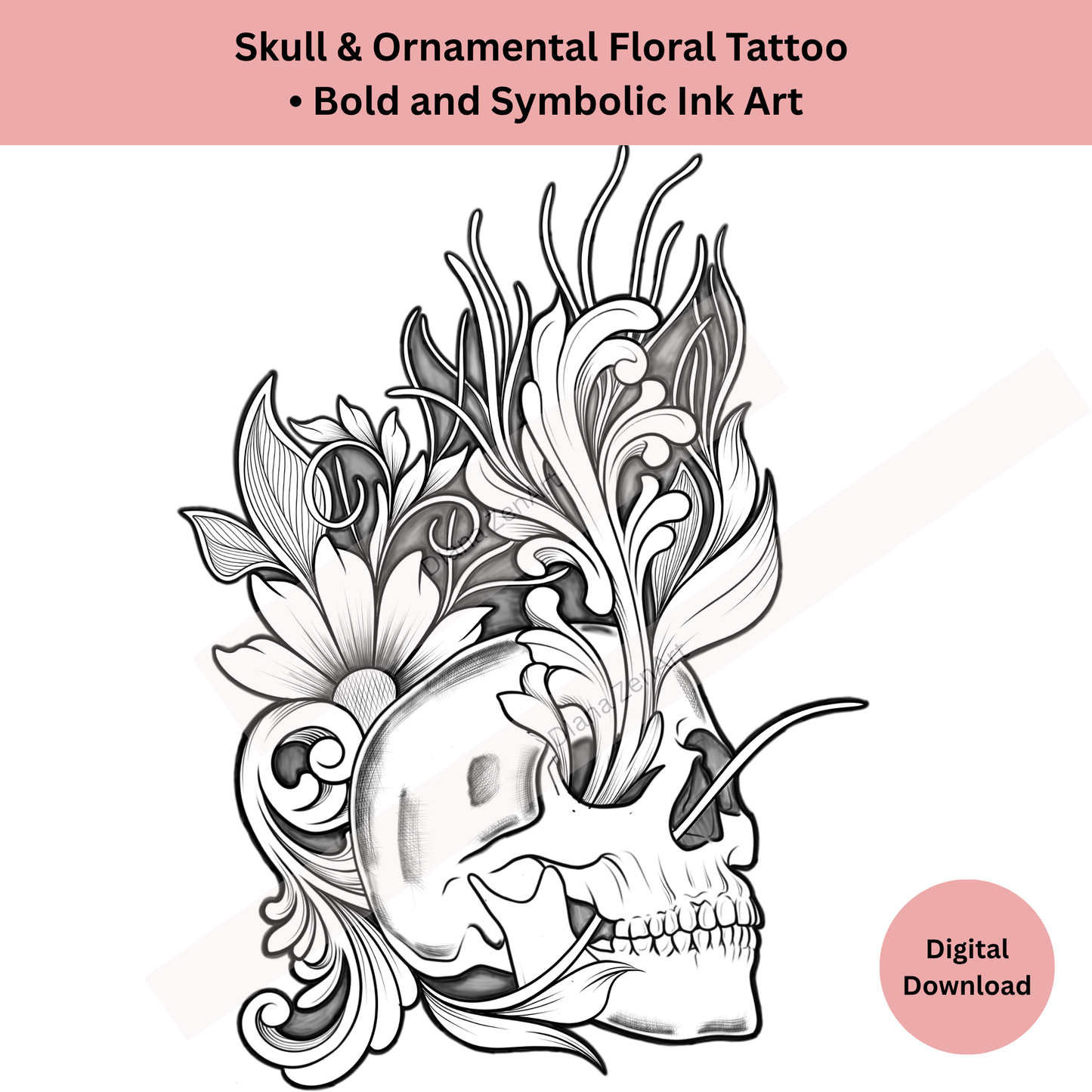Line art skull floral tattoo design showing ornamental detailing
