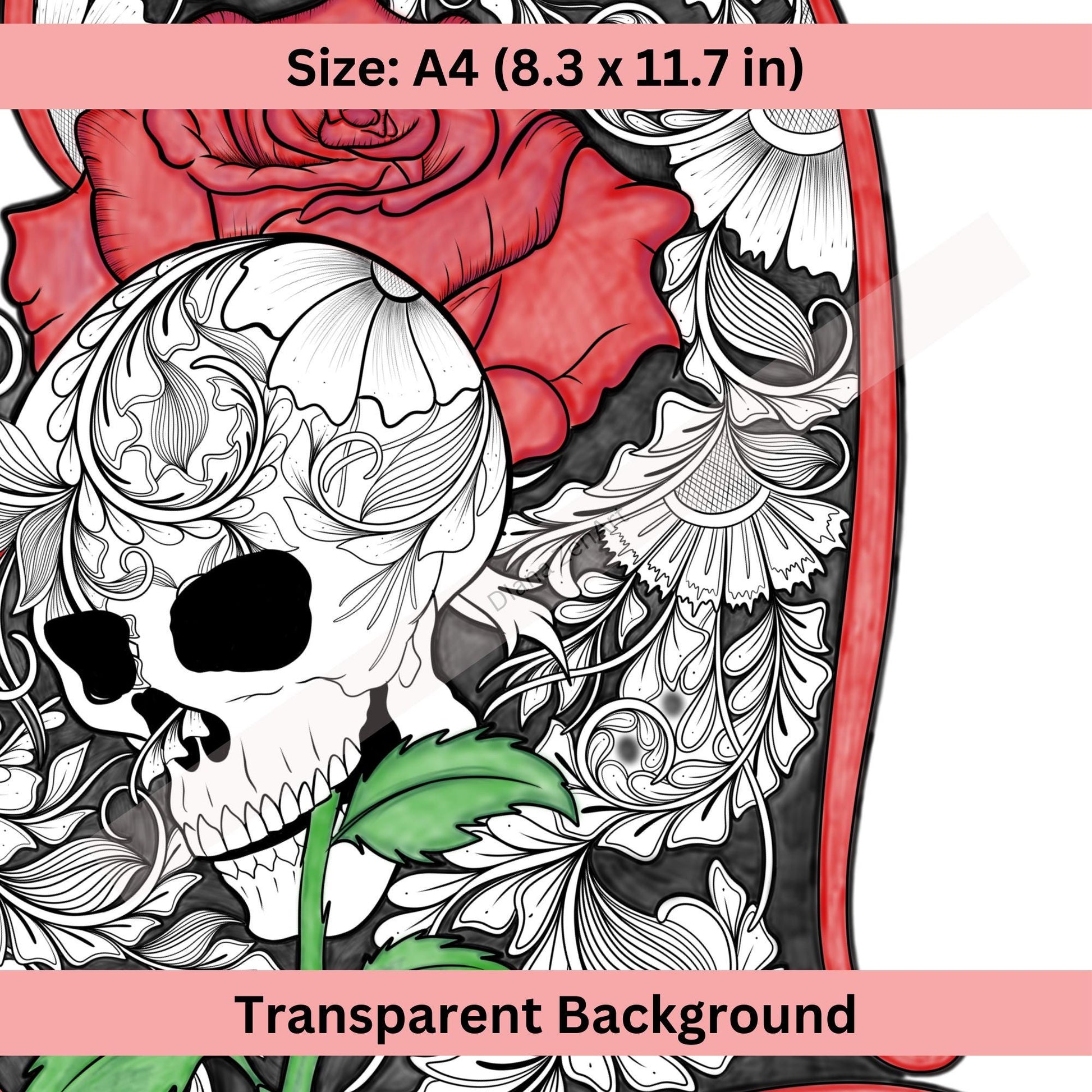 Line art skull and rose tattoo highlighting bold contrast and symbolic detailing
