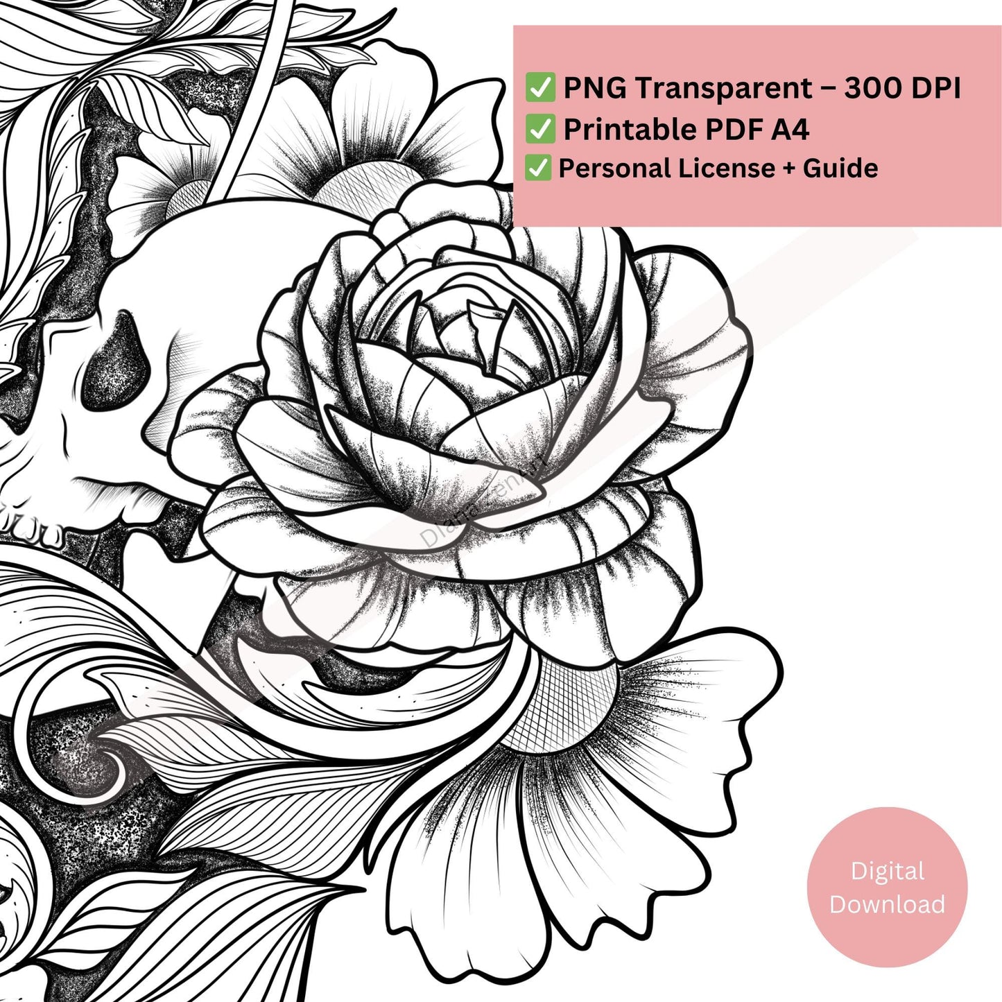 Close-up of skull and rose tattoo line art highlighting gothic symbolism