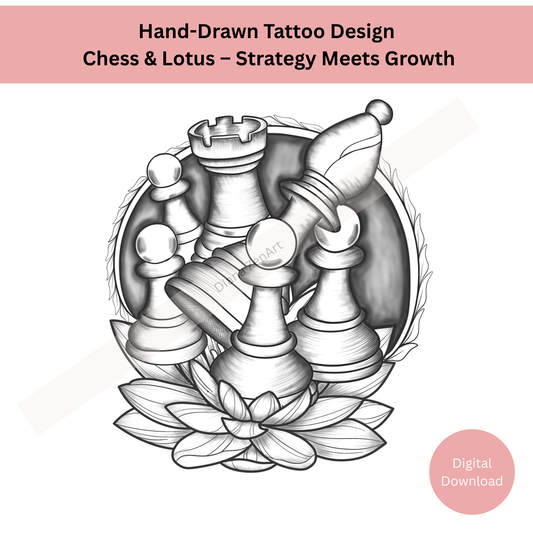 Symbolic chess and lotus tattoo design combining strategy and calm symbolism
