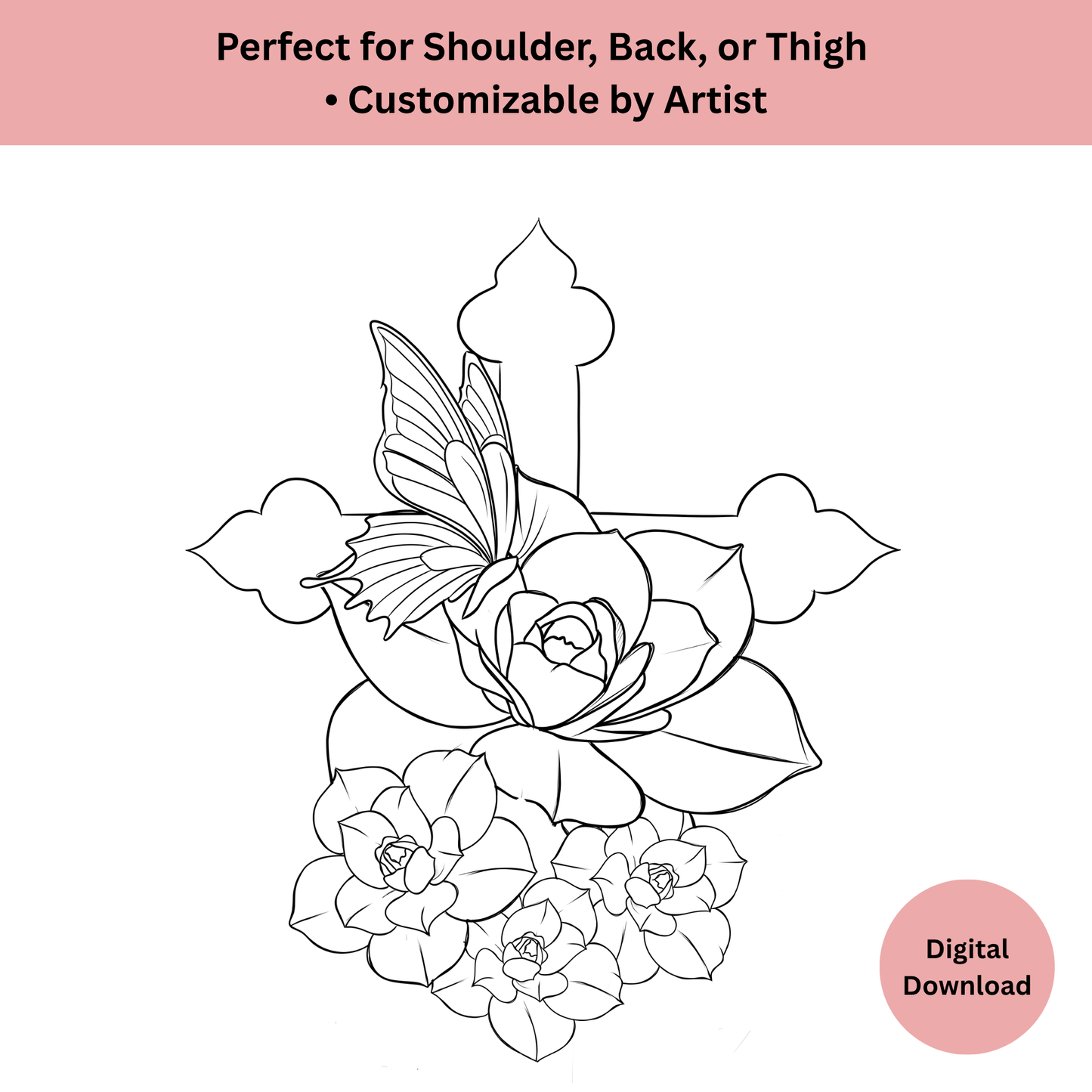 Symbolic cross tattoo with floral elements and butterfly, clean line art tattoo design