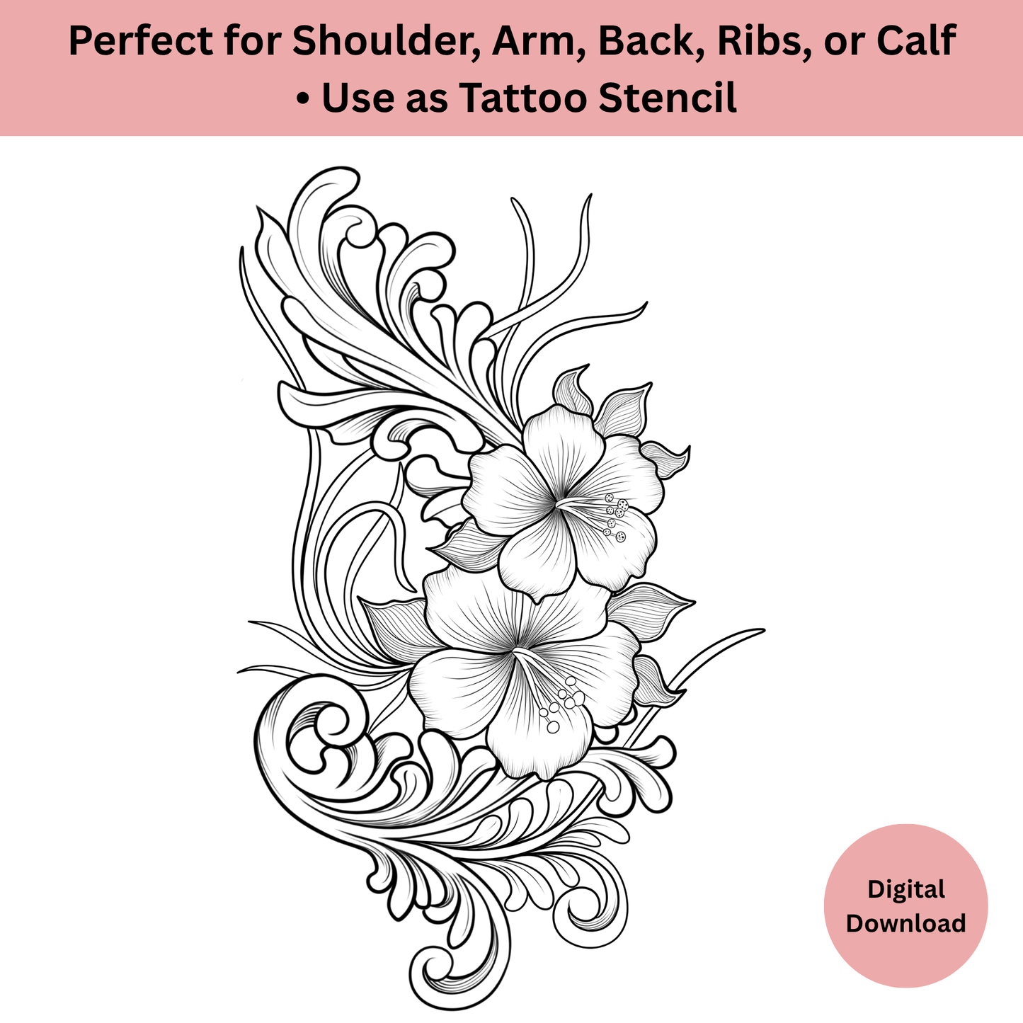 Tropical hibiscus tattoo with shaded ornamental line art and decorative details
