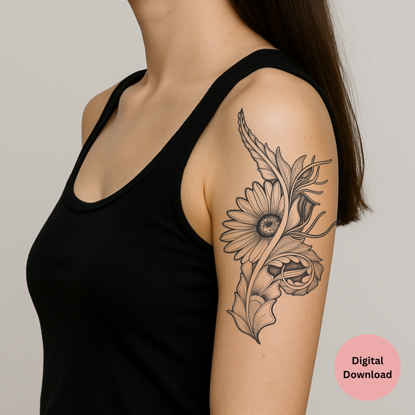 Vertical daisy spine tattoo design preview for elegant back tattoos
