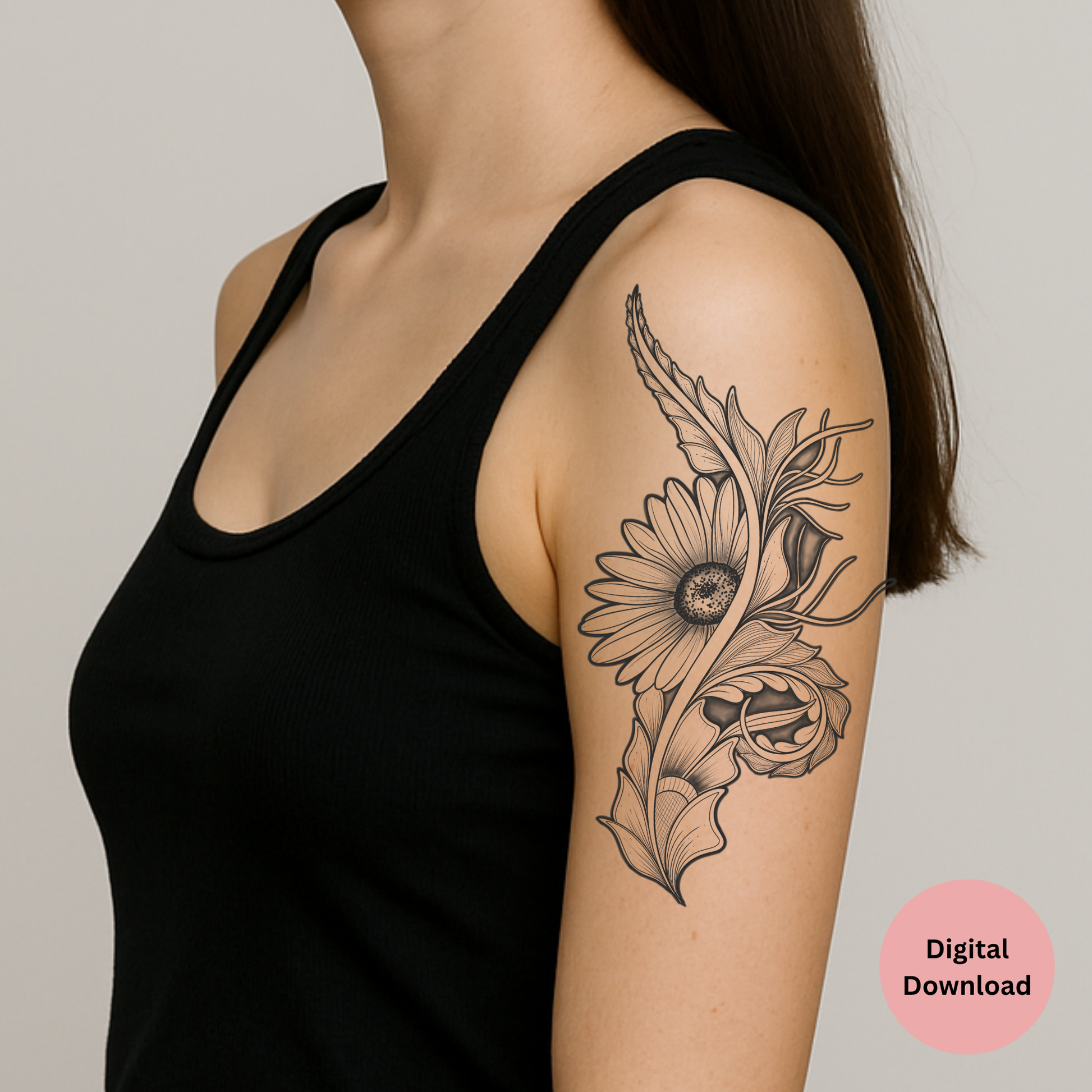 Vertical daisy spine tattoo design preview for elegant back tattoos
